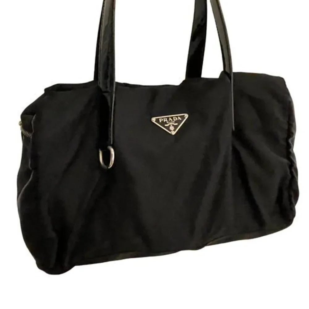 Vintage Prada Zip Satchel Tessuto in Black with Patent Leather Handles